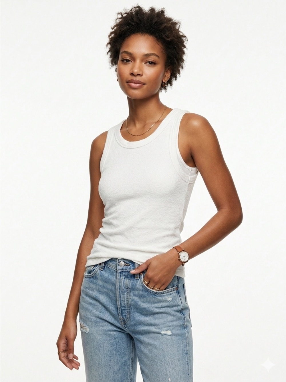 Michael Stars Lino Tank High Neck Racerback Boucle Cotton Blend White OS